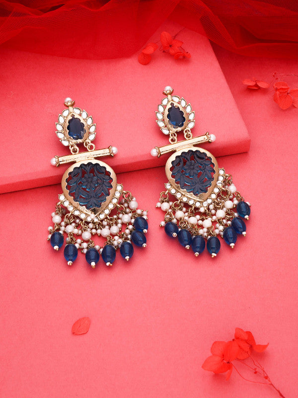 Tehzeeb Creations Latest Blue Colour Gold Polish Kundan & Pearl Studded Designer Drop Long Earrings For Women And Girls Maroon | Grocsy