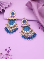 Tehzeeb Creations Latest Blue Colour Gold Polish Kundan & Pearl Studded Designer Drop Long Earrings For Women And Girls Maroon | Grocsy