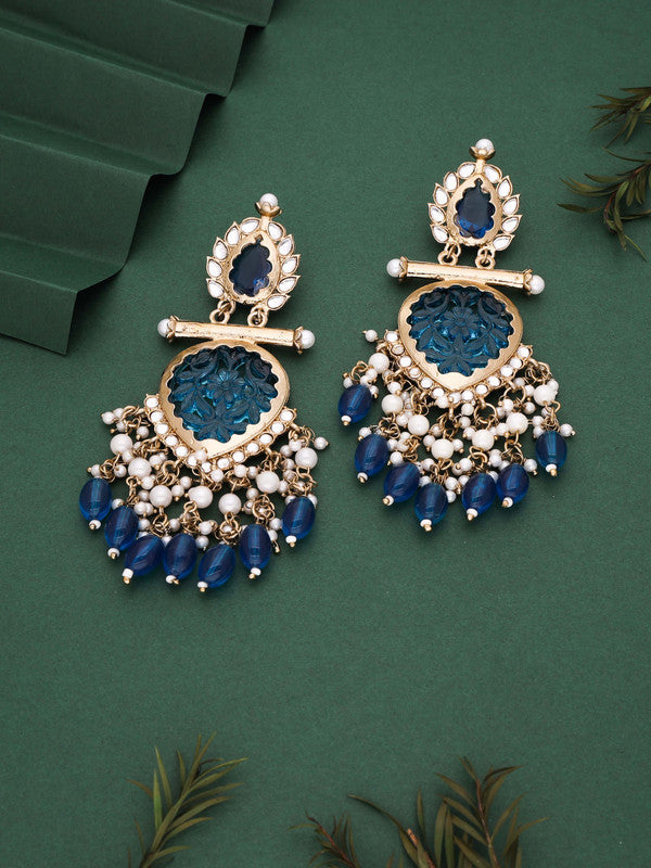 Tehzeeb Creations Latest Blue Colour Gold Polish Kundan & Pearl Studded Designer Drop Long Earrings For Women And Girls Maroon | Grocsy