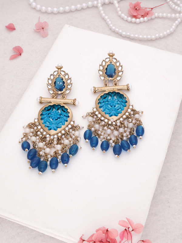 Tehzeeb Creations Latest Blue Colour Gold Polish Kundan & Pearl Studded Designer Drop Long Earrings For Women And Girls Maroon | Grocsy