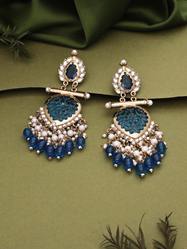 Tehzeeb Creations Latest Blue Colour Gold Polish Kundan & Pearl Studded Designer Drop Long Earrings For Women And Girls Maroon | Grocsy