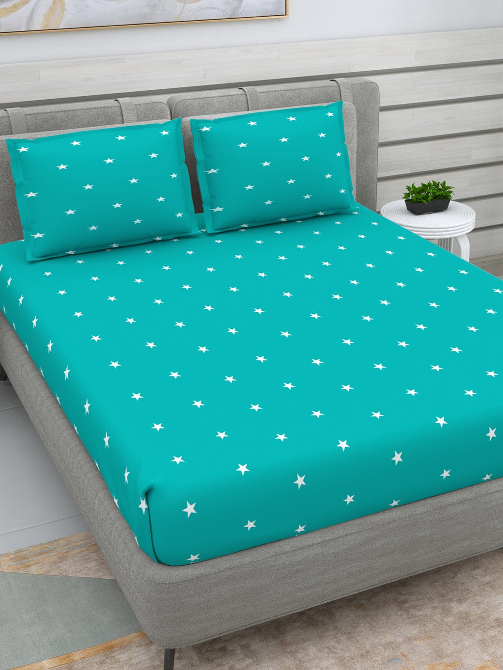 DREAM WEAVERZ Turquoise Blue & White 250 TC Pure Cotton King Bedsheet with 2 Pillow Covers | Grocsy