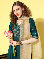 Sangria Women Floral Embroidered Angrakha Kurta with Trousers & With Dupatta | Grocsy