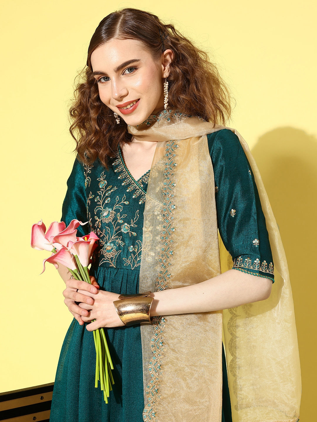 Sangria Women Floral Embroidered Angrakha Kurta with Trousers & With Dupatta | Grocsy