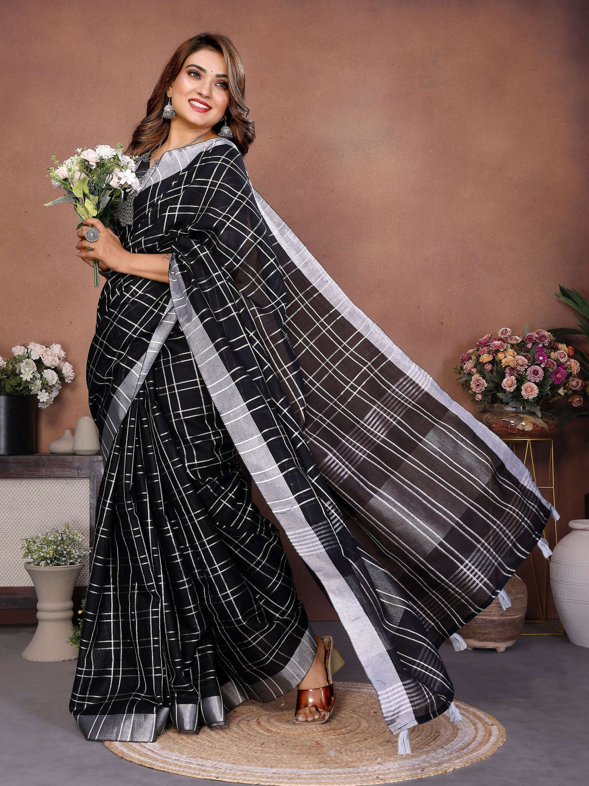 Aastha Fashion Black Linen Weaving Saree | Grocsy