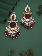 Tehzeeb Creations Latest Rani Pink Gold Polish Kundan & Pearl Studded Designer Drop Long Earrings For Women And Girls Lavender | Grocsy