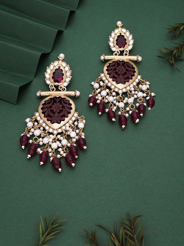 Tehzeeb Creations Latest Rani Pink Gold Polish Kundan & Pearl Studded Designer Drop Long Earrings For Women And Girls Lavender | Grocsy