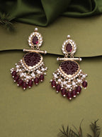 Tehzeeb Creations Latest Rani Pink Gold Polish Kundan & Pearl Studded Designer Drop Long Earrings For Women And Girls Lavender | Grocsy