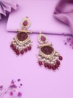 Tehzeeb Creations Latest Rani Pink Gold Polish Kundan & Pearl Studded Designer Drop Long Earrings For Women And Girls Lavender | Grocsy