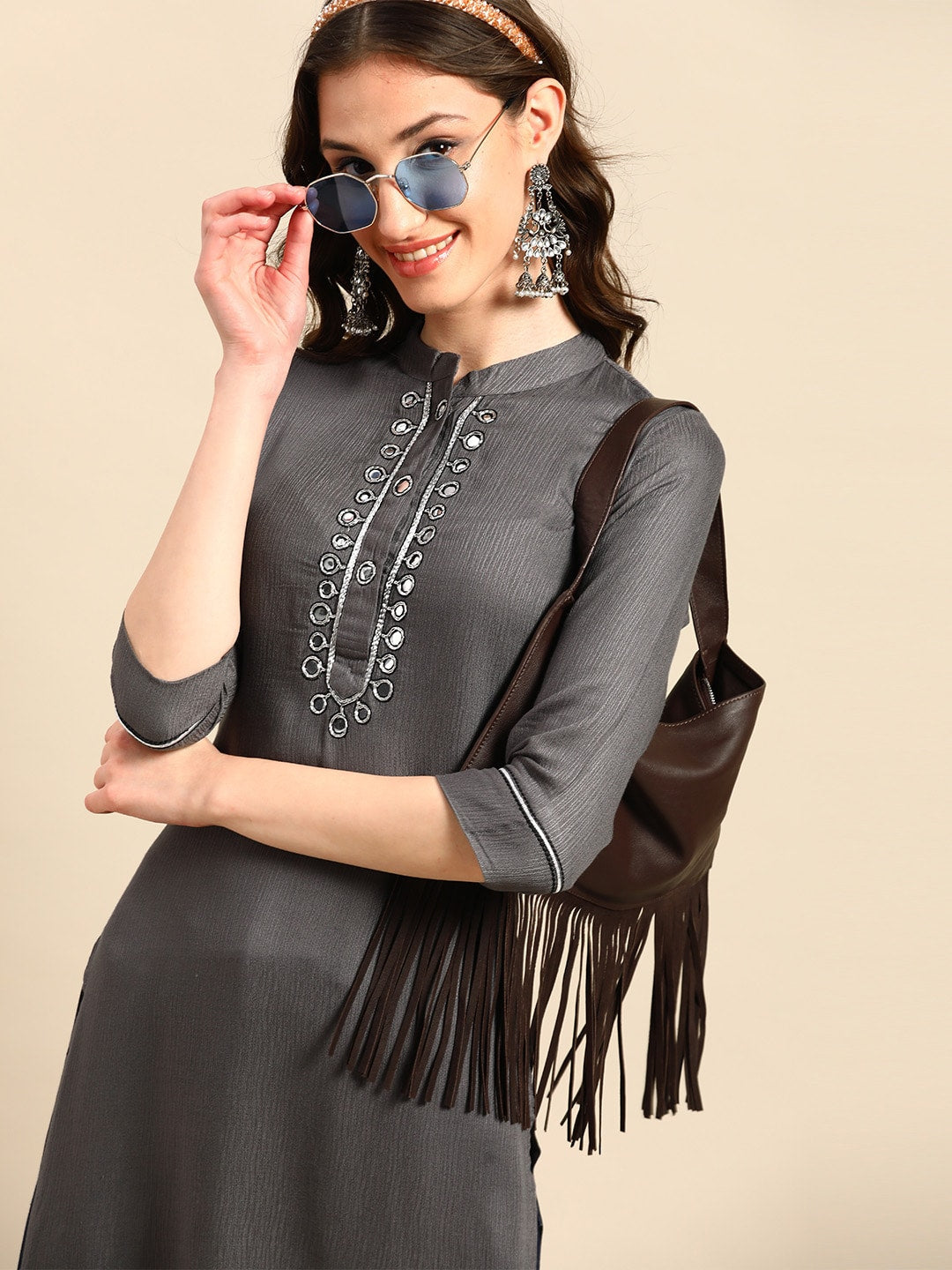 Sangria Yoke Design Mirror Work Kurta | Grocsy
