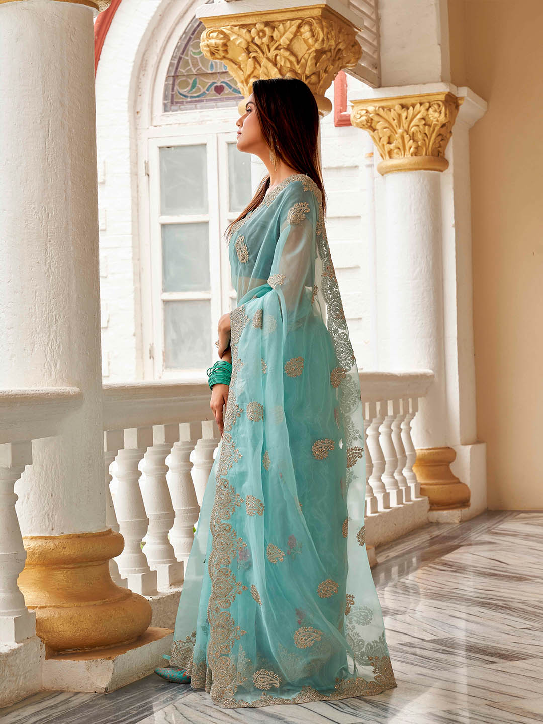 Tikhi Imli Ethnic Motifs Embroidery Organza Heavy Work Saree | Grocsy