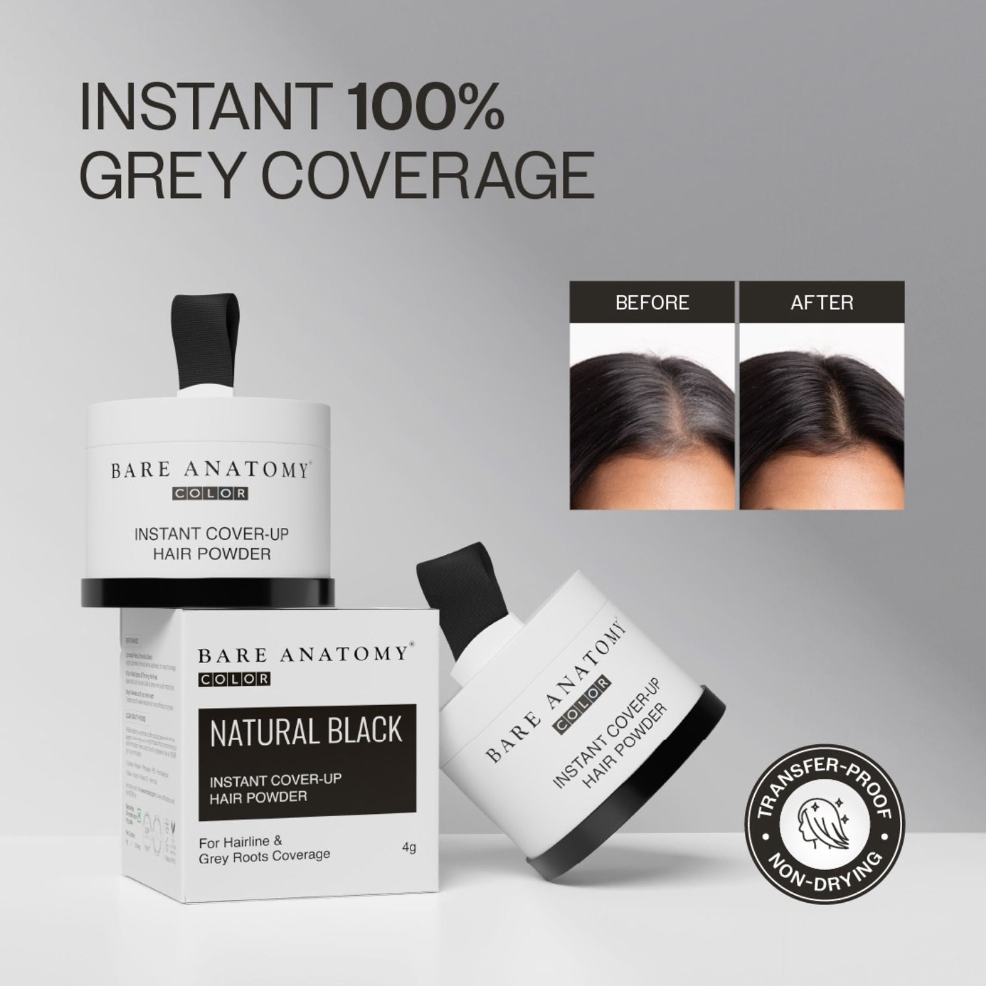 Bare Anatomy Cover-Up Hair Powder 100% Instant Grey Coverage Seamless Natural Finish - Black | Grocsy