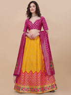 Lorenvalley Fashion Yellow Brocade Fabric Lehenga & Unstitched Blouse With Dupatta | Grocsy