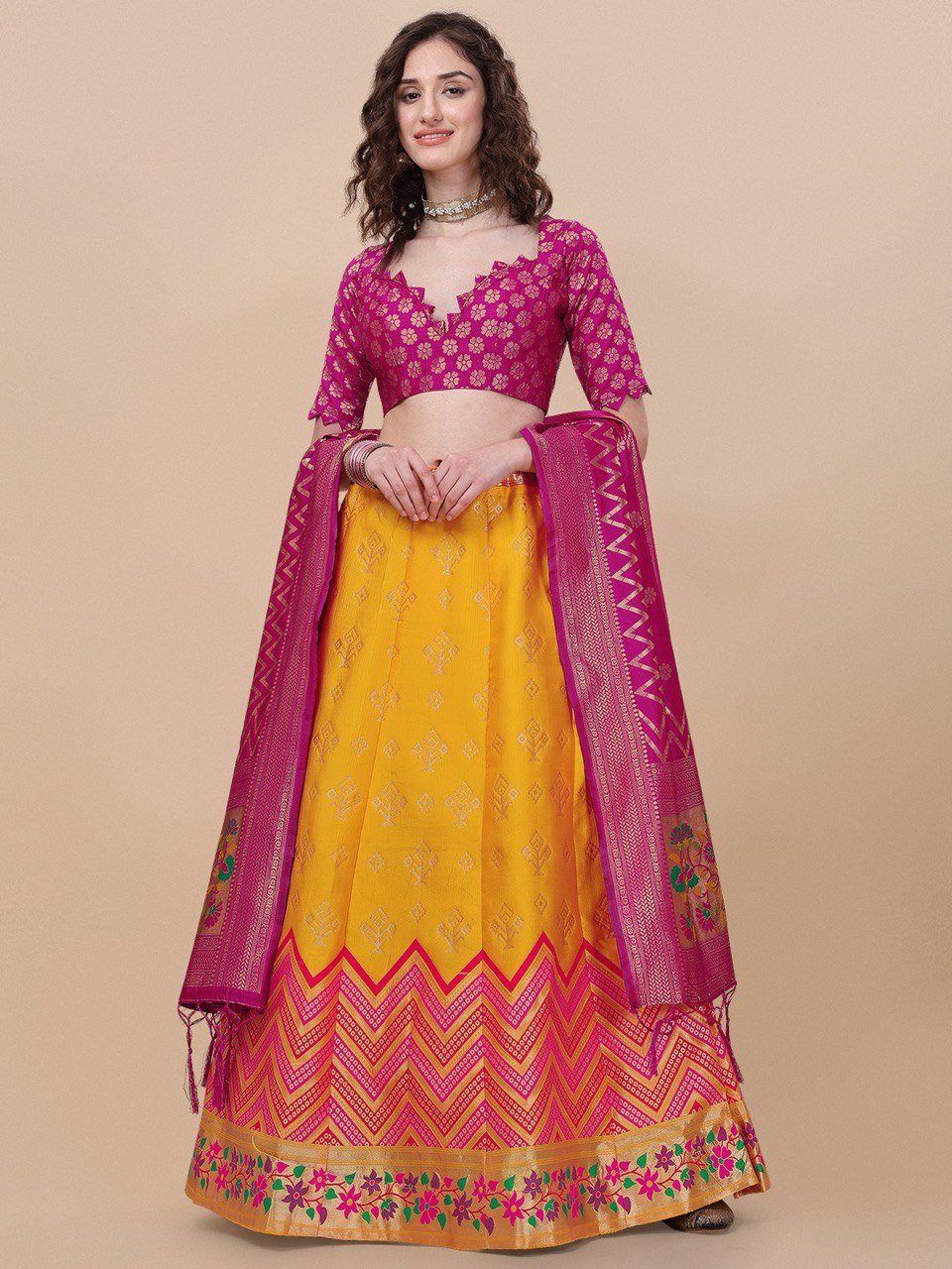 Lorenvalley Fashion Yellow Brocade Fabric Lehenga & Unstitched Blouse With Dupatta | Grocsy