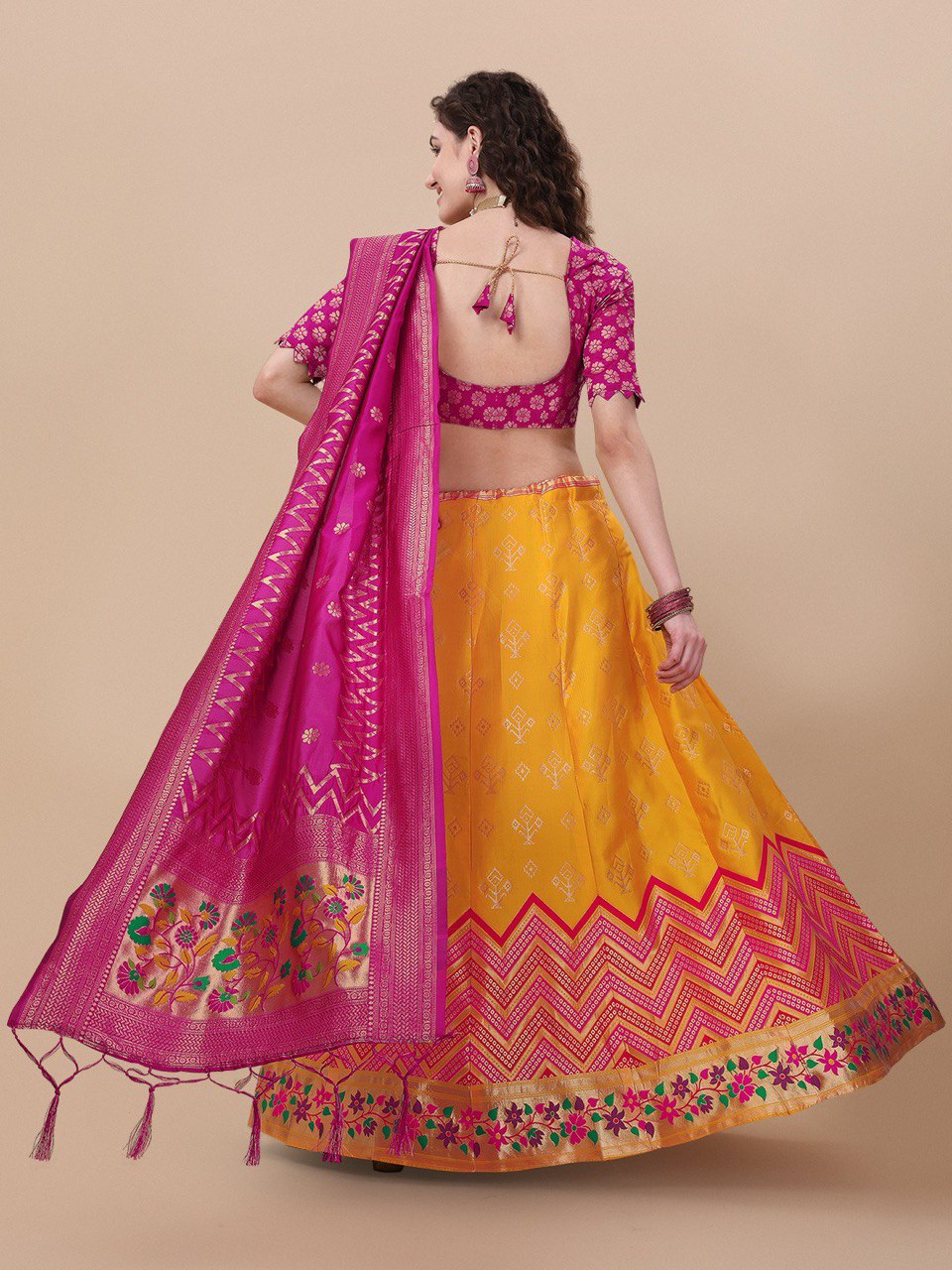 Lorenvalley Fashion Yellow Brocade Fabric Lehenga & Unstitched Blouse With Dupatta | Grocsy