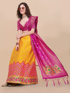 Lorenvalley Fashion Yellow Brocade Fabric Lehenga & Unstitched Blouse With Dupatta | Grocsy