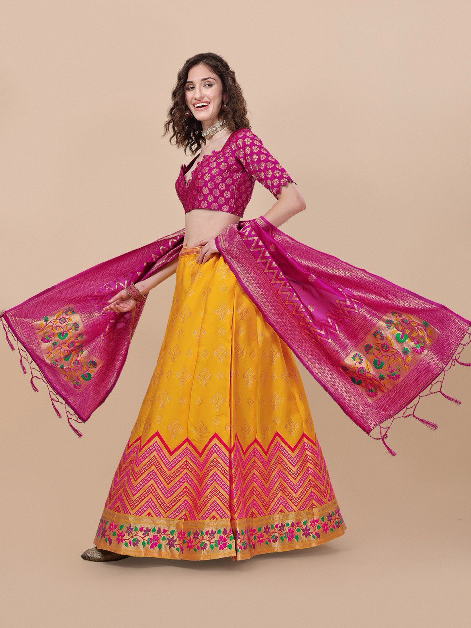 Lorenvalley Fashion Yellow Brocade Fabric Lehenga & Unstitched Blouse With Dupatta | Grocsy