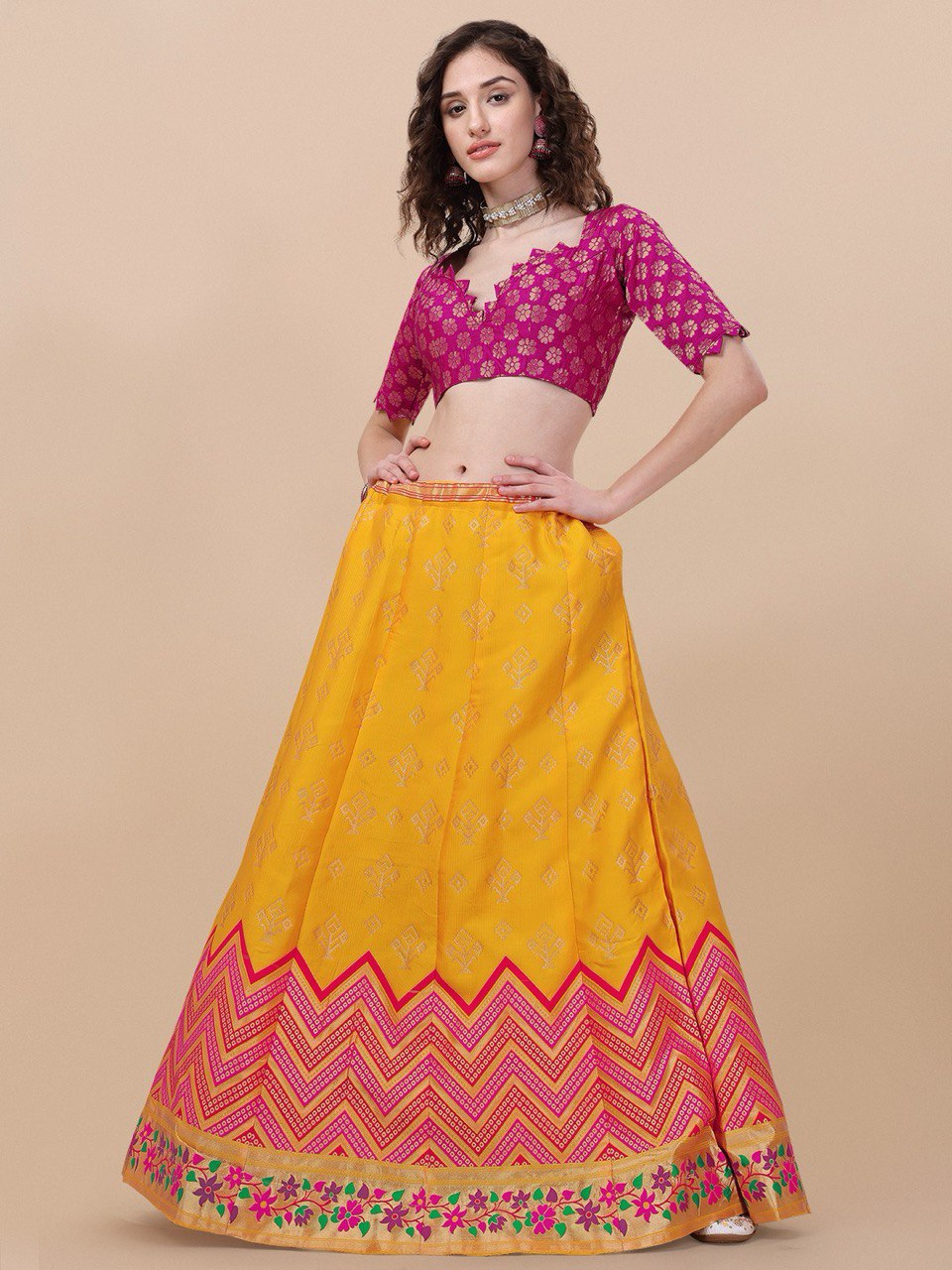 Lorenvalley Fashion Yellow Brocade Fabric Lehenga & Unstitched Blouse With Dupatta | Grocsy