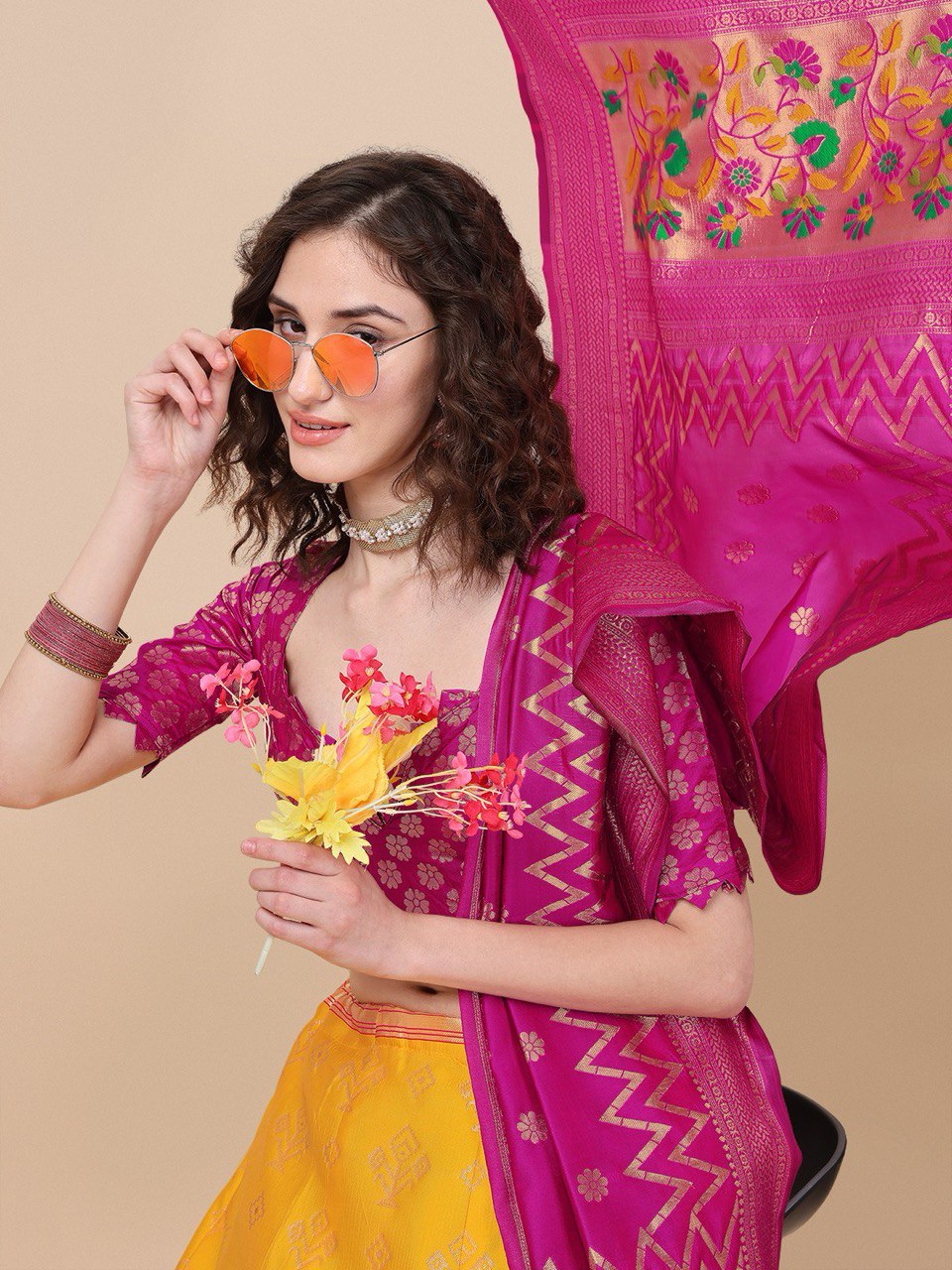 Lorenvalley Fashion Yellow Brocade Fabric Lehenga & Unstitched Blouse With Dupatta | Grocsy