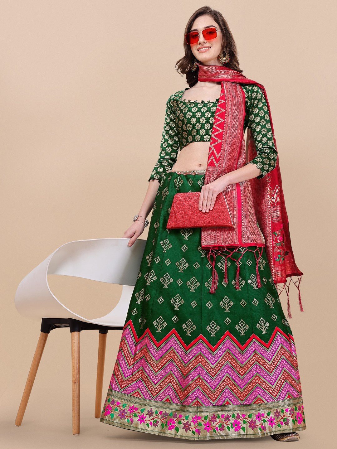 Lorenvalley Fashion Green Brocade Fabric Lehenga & Unstitched Blouse With Dupatta | Grocsy