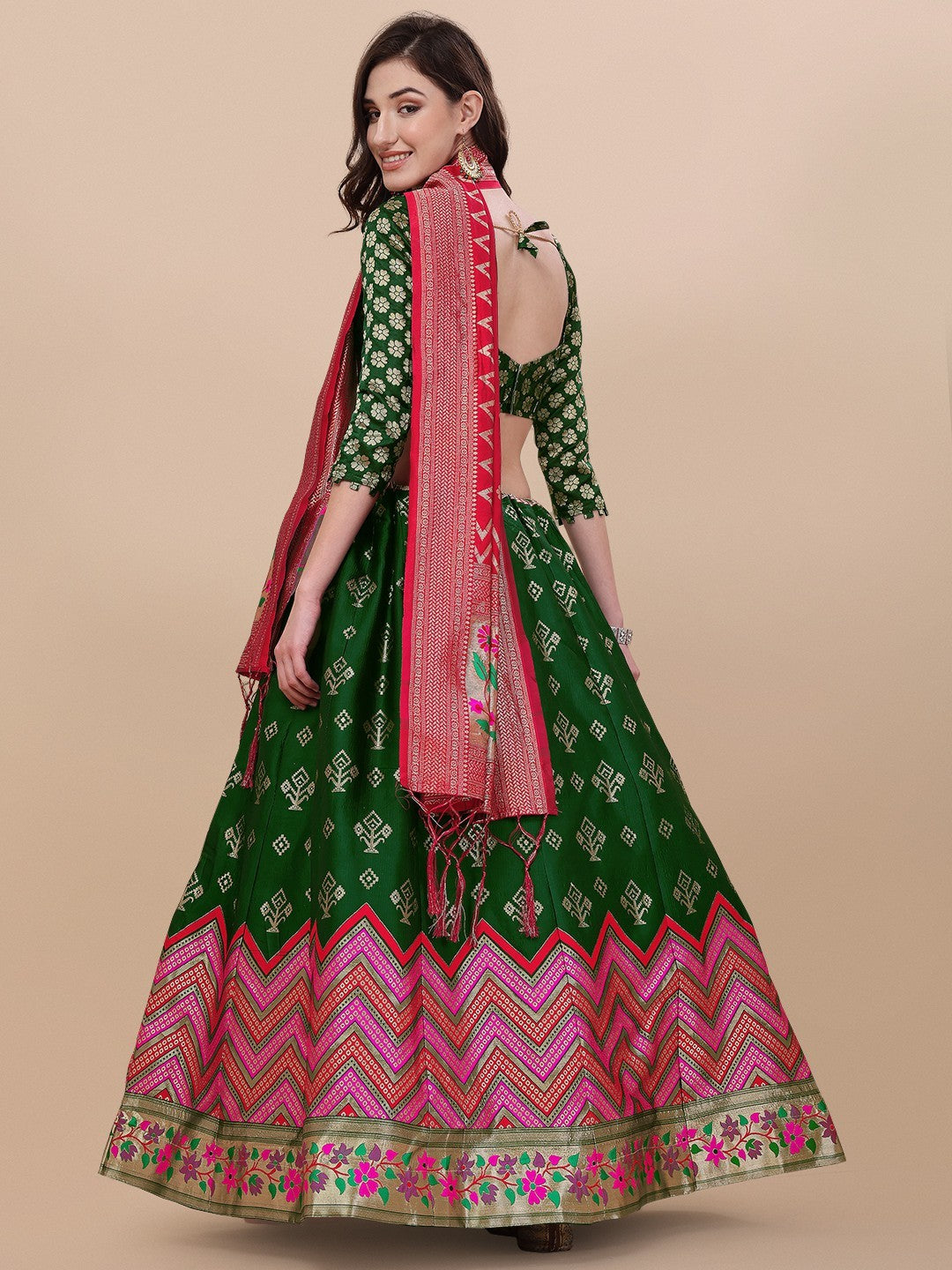Lorenvalley Fashion Green Brocade Fabric Lehenga & Unstitched Blouse With Dupatta | Grocsy