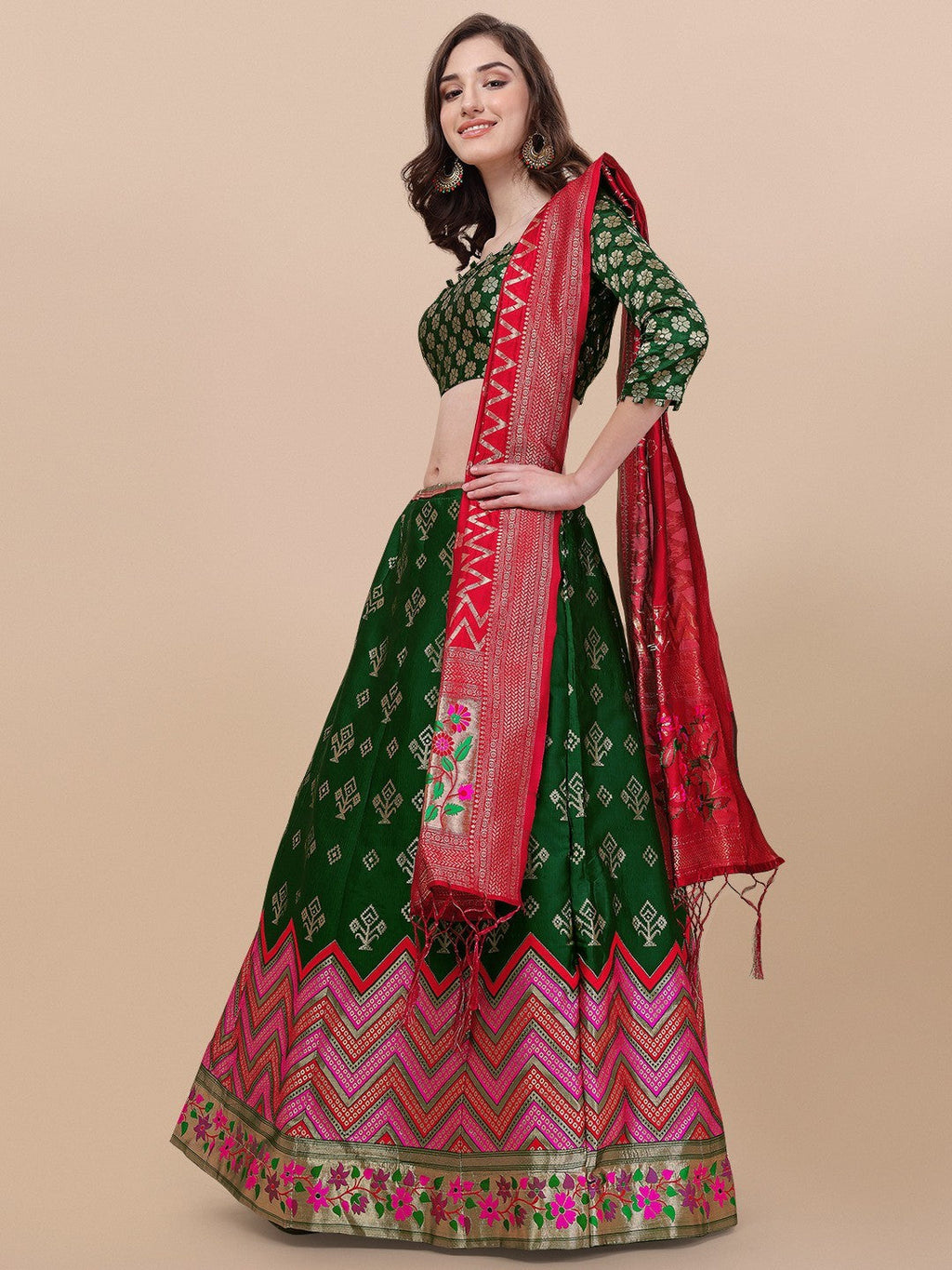 Lorenvalley Fashion Green Brocade Fabric Lehenga & Unstitched Blouse With Dupatta | Grocsy