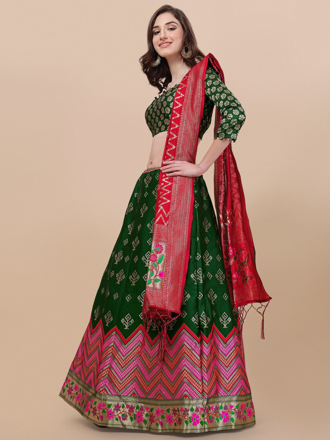 Lorenvalley Fashion Green Brocade Fabric Lehenga & Unstitched Blouse With Dupatta | Grocsy