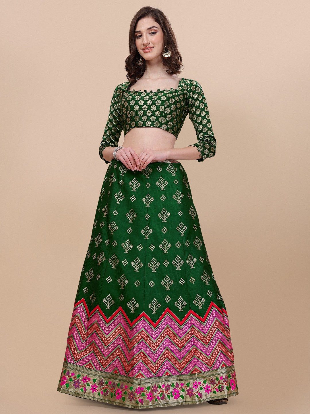 Lorenvalley Fashion Green Brocade Fabric Lehenga & Unstitched Blouse With Dupatta | Grocsy