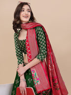 Lorenvalley Fashion Green Brocade Fabric Lehenga & Unstitched Blouse With Dupatta | Grocsy