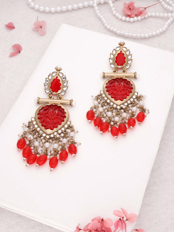 Tehzeeb Creations Latest Red Colour Gold Polish Kundan & Pearl Studded Designer Drop Long Earrings For Women And Girls Yellow | Grocsy