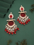 Tehzeeb Creations Latest Red Colour Gold Polish Kundan & Pearl Studded Designer Drop Long Earrings For Women And Girls Yellow | Grocsy