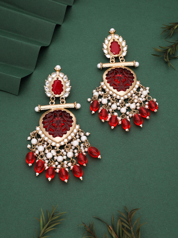 Tehzeeb Creations Latest Red Colour Gold Polish Kundan & Pearl Studded Designer Drop Long Earrings For Women And Girls Yellow | Grocsy