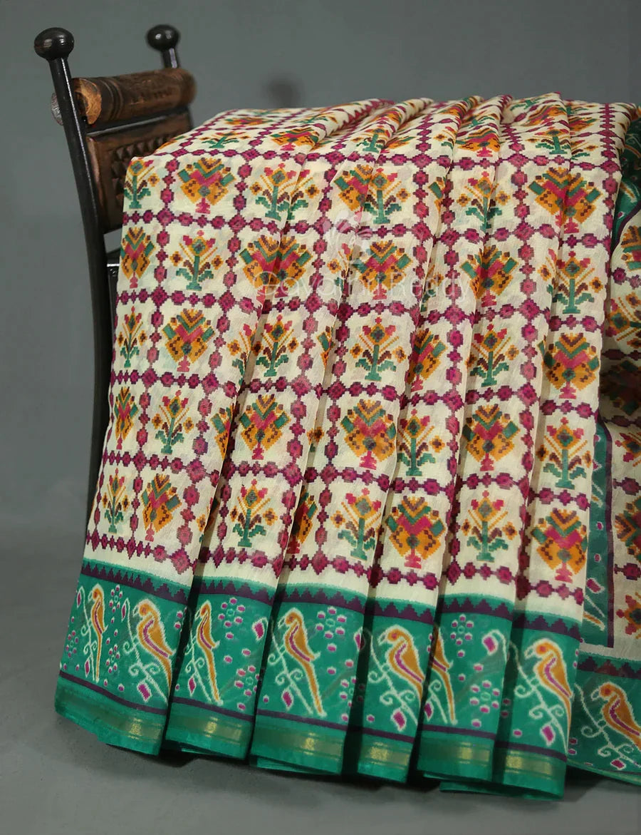 Vibrant Shades of Cream Patola Print Semi Chanderi Saree By Gayathri Reddy Designer Studio | Grocsy
