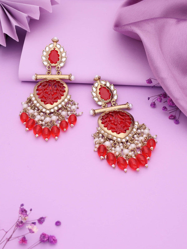 Tehzeeb Creations Latest Red Colour Gold Polish Kundan & Pearl Studded Designer Drop Long Earrings For Women And Girls Yellow | Grocsy