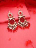 Tehzeeb Creations Latest Red Colour Gold Polish Kundan & Pearl Studded Designer Drop Long Earrings For Women And Girls Yellow | Grocsy
