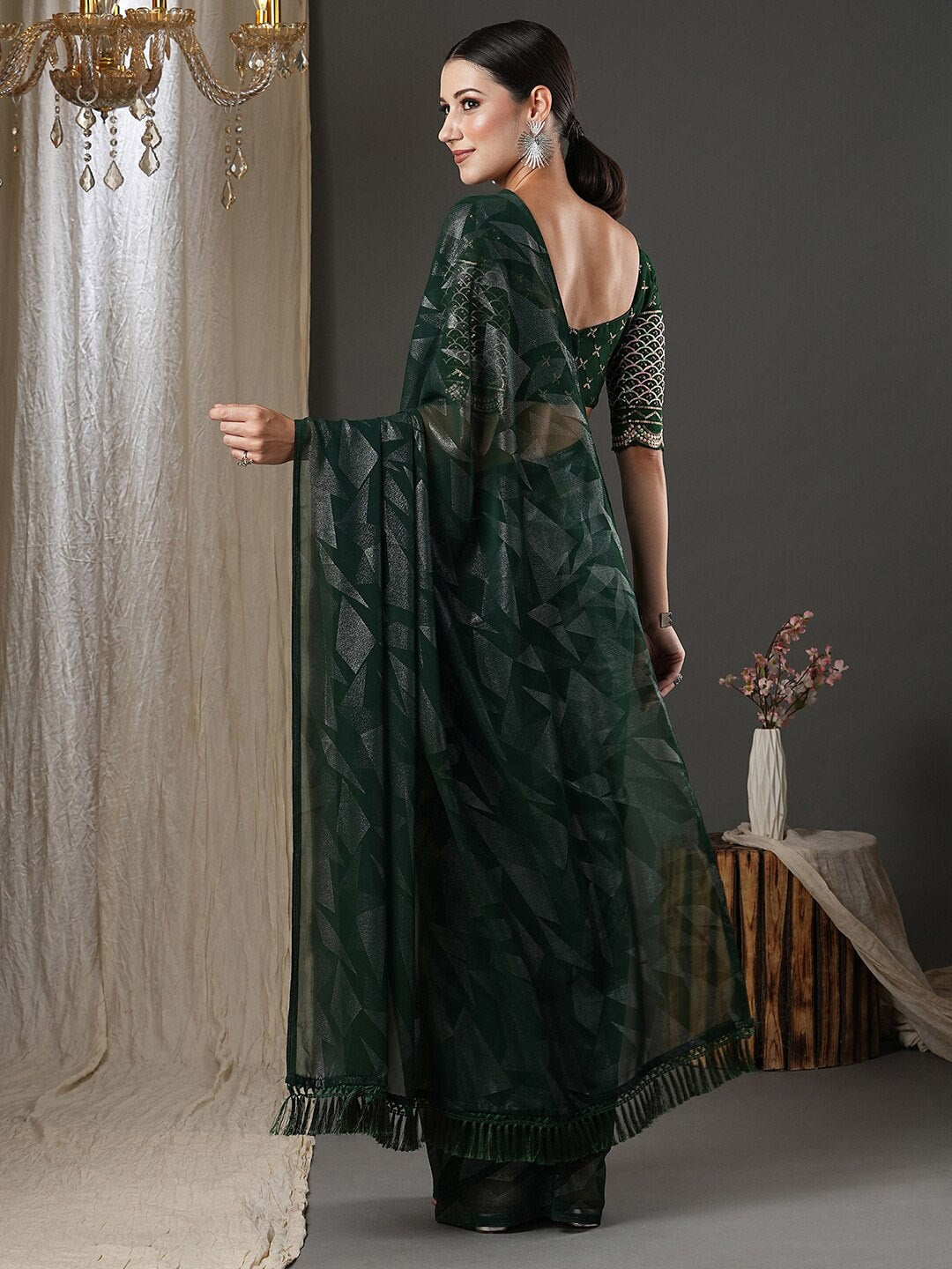 Saree Mall Green Abstract Printed Pure Georgette Saree | Grocsy