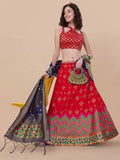 Lorenvalley Fashion Red Brocade Fabric Lehenga & Unstitched Blouse With Dupatta | Grocsy