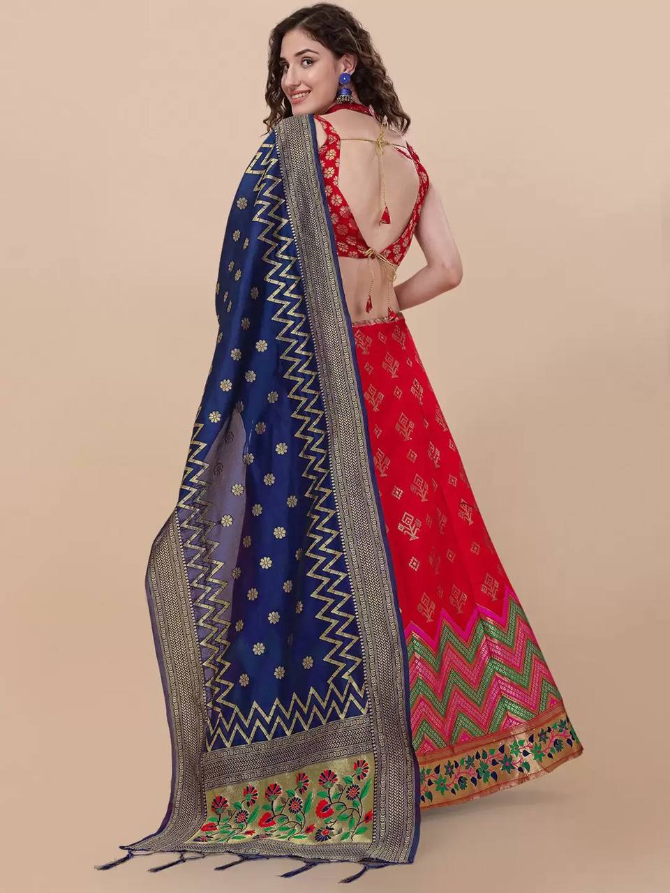 Lorenvalley Fashion Red Brocade Fabric Lehenga & Unstitched Blouse With Dupatta | Grocsy