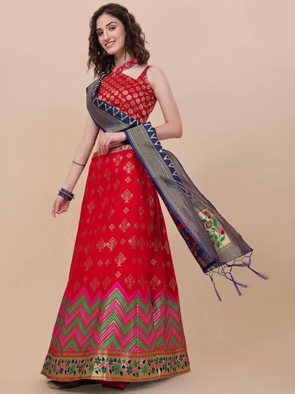 Lorenvalley Fashion Red Brocade Fabric Lehenga & Unstitched Blouse With Dupatta | Grocsy