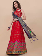 Lorenvalley Fashion Red Brocade Fabric Lehenga & Unstitched Blouse With Dupatta | Grocsy