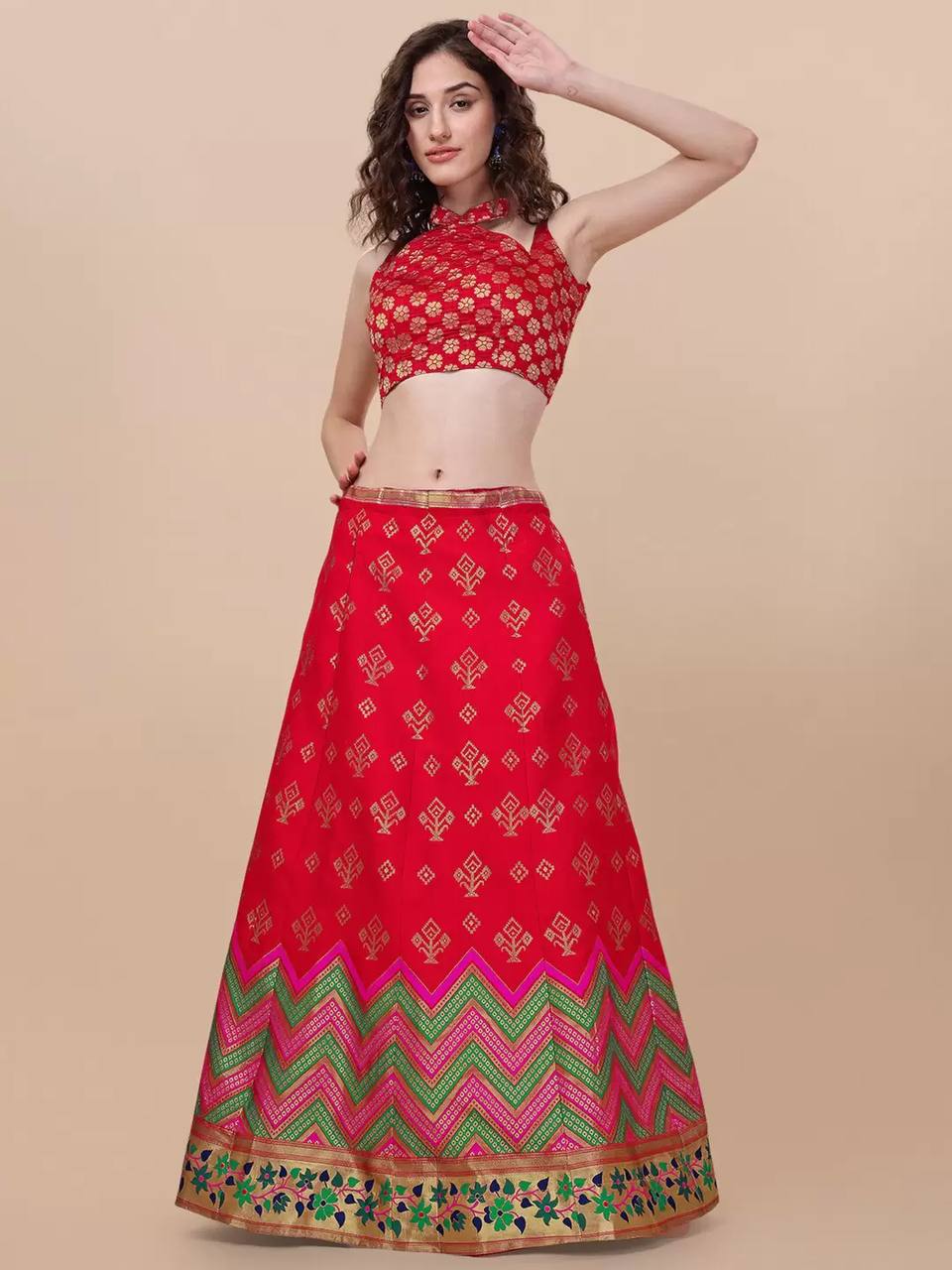 Lorenvalley Fashion Red Brocade Fabric Lehenga & Unstitched Blouse With Dupatta | Grocsy