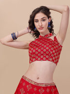Lorenvalley Fashion Red Brocade Fabric Lehenga & Unstitched Blouse With Dupatta | Grocsy