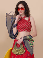 Lorenvalley Fashion Red Brocade Fabric Lehenga & Unstitched Blouse With Dupatta | Grocsy