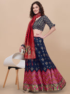 Lorenvalley Fashion Blue Brocade Fabric Lehenga & Unstitched Blouse With Dupatta | Grocsy