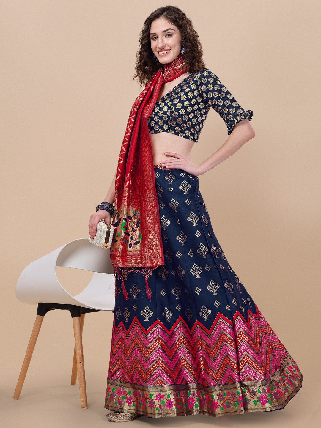 Lorenvalley Fashion Blue Brocade Fabric Lehenga & Unstitched Blouse With Dupatta | Grocsy