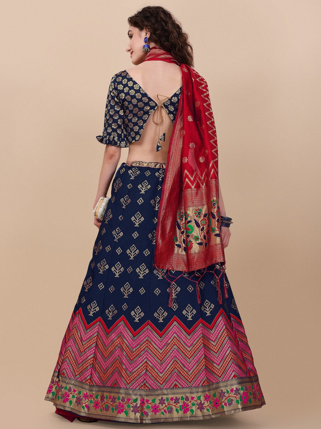 Lorenvalley Fashion Blue Brocade Fabric Lehenga & Unstitched Blouse With Dupatta | Grocsy