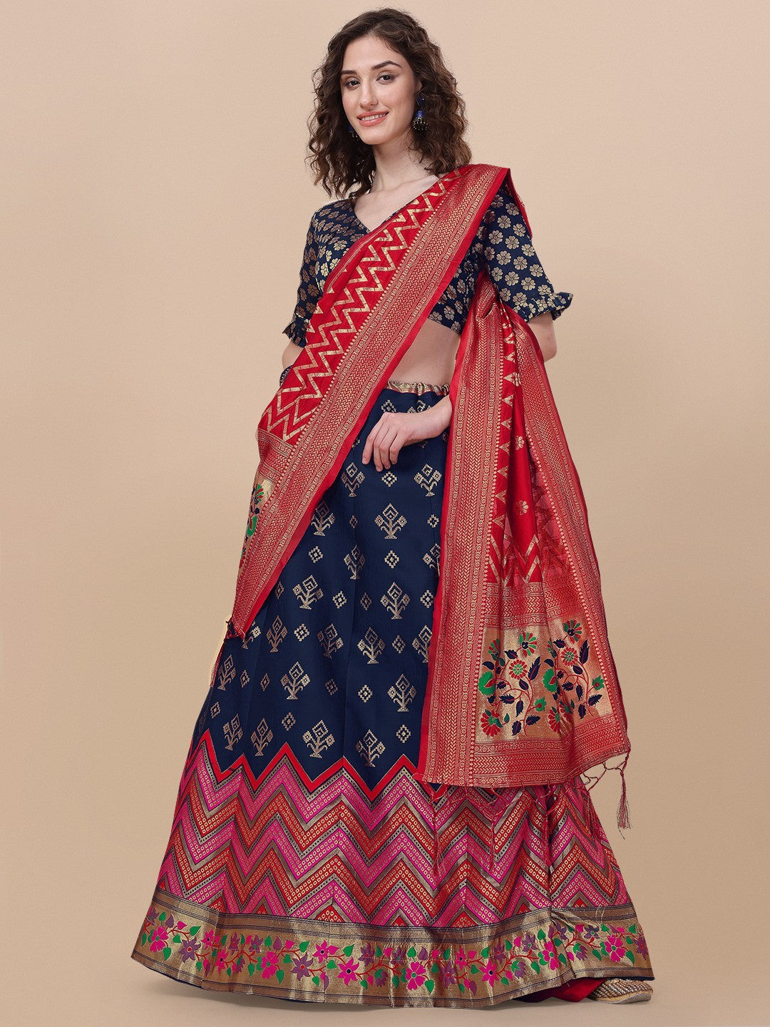 Lorenvalley Fashion Blue Brocade Fabric Lehenga & Unstitched Blouse With Dupatta | Grocsy