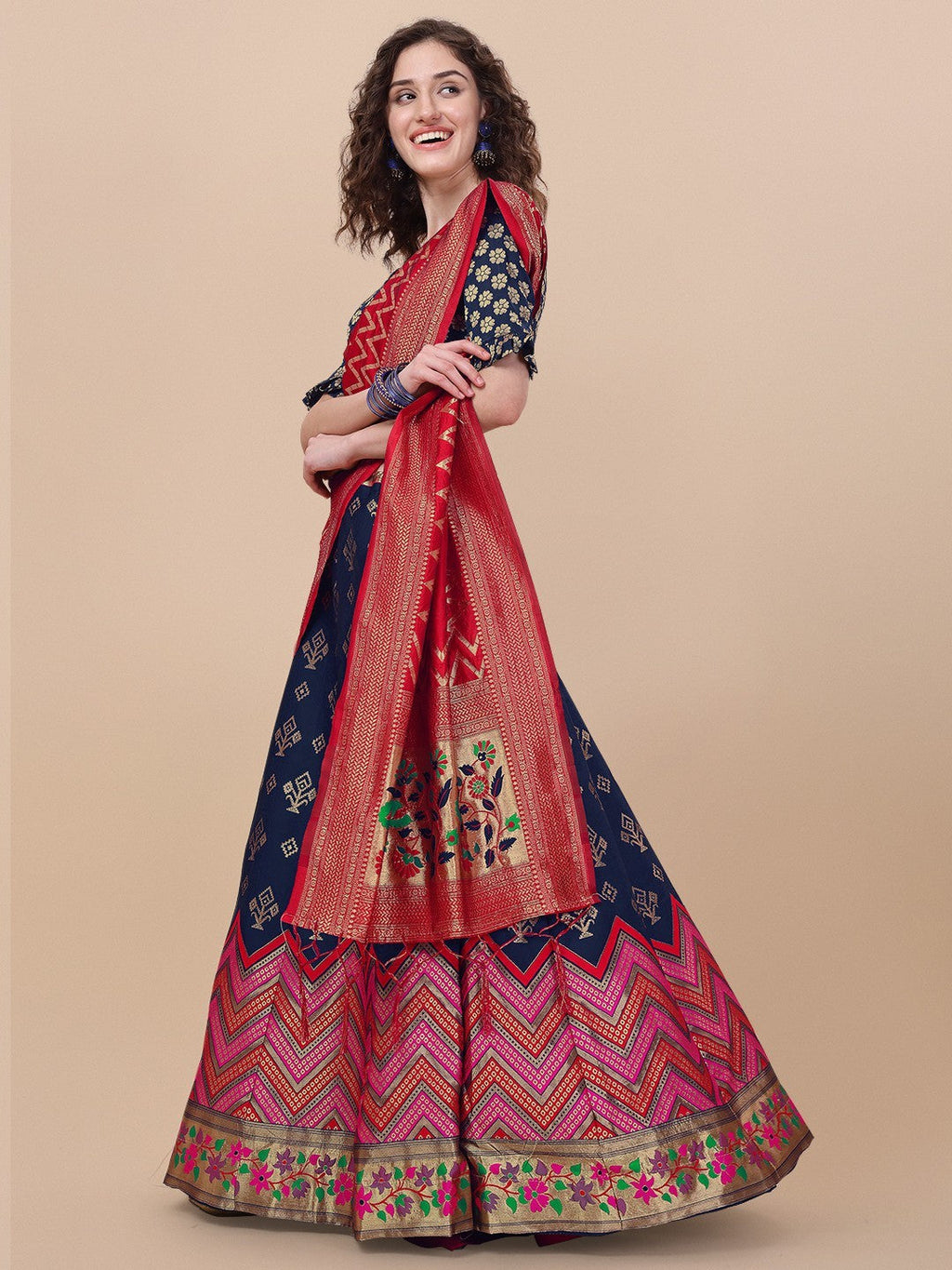 Lorenvalley Fashion Blue Brocade Fabric Lehenga & Unstitched Blouse With Dupatta | Grocsy