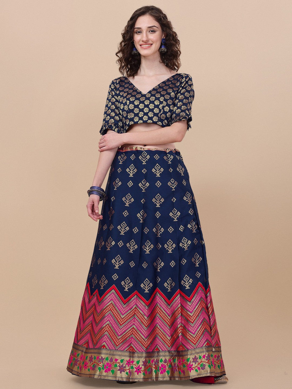 Lorenvalley Fashion Blue Brocade Fabric Lehenga & Unstitched Blouse With Dupatta | Grocsy