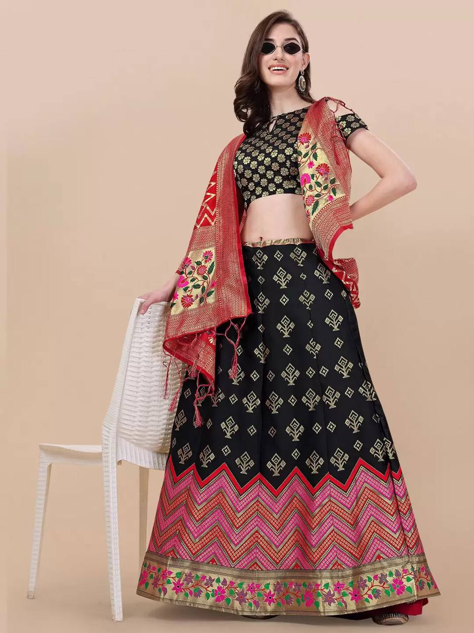 Lorenvalley Fashion Black Brocade Fabric Lehenga & Unstitched Blouse With Dupatta | Grocsy